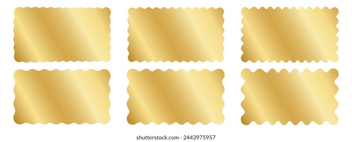 Set of gold rectangle stickers with wavy borders. Metallic undulate shapes of labels, badges, price tags, coupons, promocode tickets isolated on white background. Vector realistic illustration.