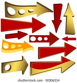 Set of gold and red arrow icons isolated on white background for design (vector)