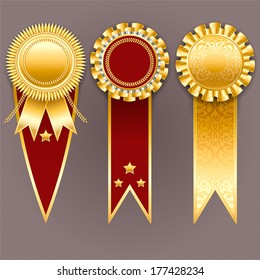 Set of gold and red badges with ribbons. Vector champion medals. 