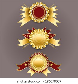 Set of gold and red badges with ribbons. Vector champion medals. Best quality emblem.