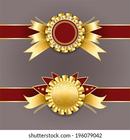 Set of gold and red badges with ribbons on a band. Vector champion medals. Best quality emblem. 