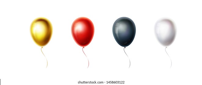 Set of gold, red, black, white balloons isolated on white background. Color helium ballon for birthday, party, wedding decoration. Flying. Realistic object collection. Vector illustration. EPS10. 