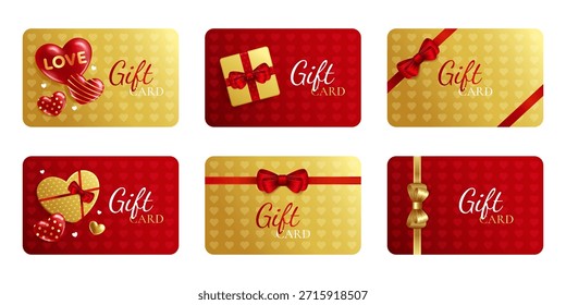 Set of gold and red gift card templates with hearts and bows for lovers. Valentine's Day, wedding anniversary. Vector illustration.