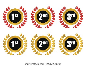 A set of gold and red laurel wreath medal badges for 1st, 2nd, and 3rd place, each with black and white numbered centers