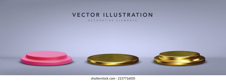 Juego de podio peatonal de cilindros 3d de oro y rojo realista con sombra. Ilustración del vector