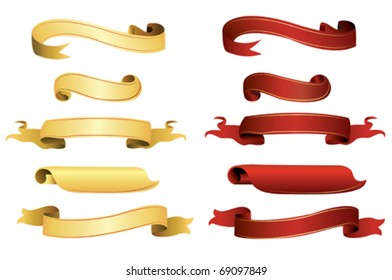 Set of gold and red ribbons for text.