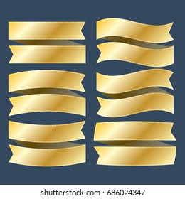 set of gold ribbon banner with dashed line on white background vector, for label or flag illustration.
