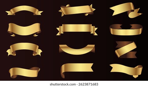 Conjunto de design de modelo de banners de faixa de ouro. Fitas de luxo isoladas no fundo preto. vetor