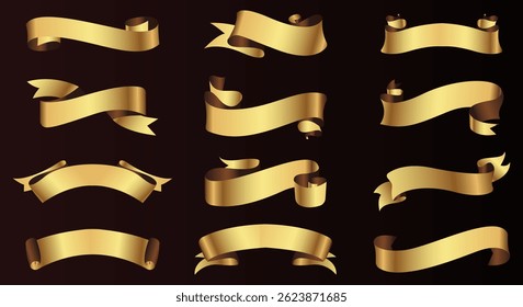 Set of gold ribbon banners template design. Luxury ribbons isolated on black background. vector
