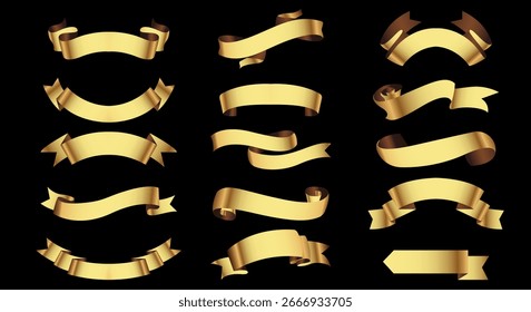 Conjunto de diseño de Plantilla de Anuncios de cinta de oro. Cintas de lujo aisladas sobre fondo negro. Vector	