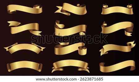 Set of gold ribbon banners template design. Luxury ribbons isolated on black background. vector