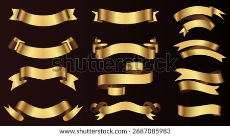 Set of gold ribbon banners template design. Luxury ribbons isolated on black background. vector	
