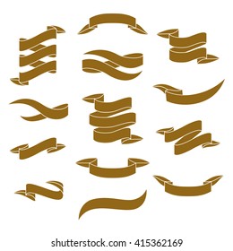 Set of gold ribbons with leafs shape for your text. Spring and summer design. Suitable for advertising, sale and promotion. Ribbon banners vector illustration.