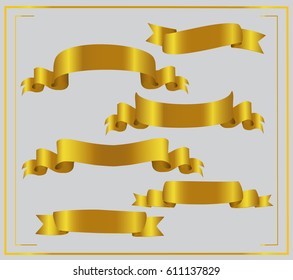 Set of gold ribbons. Ribbon on white-gray background. Vector illustration. Golden ribbons various forms.