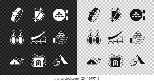 Definir anel de ouro, barras, loja de joias, mina, brincos e seta de crescimento com ícone de ouro. Vetor
