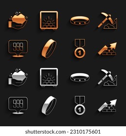 Set Gold ring, mining, Growth arrow with gold bars, medal, 24k, nugget and Safe icon. Vector