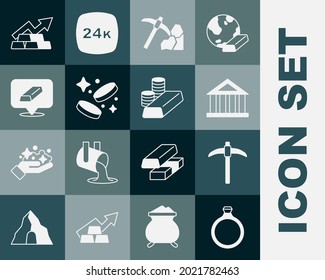 Set Gold ring, Pickaxe, Bank building, mining, coin money, bars, Growth arrow with gold and  icon. Vector