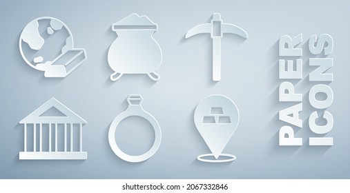 Set Gold ring, Pickaxe, Bank building, bars, Molten gold being poured and  icon. Vector
