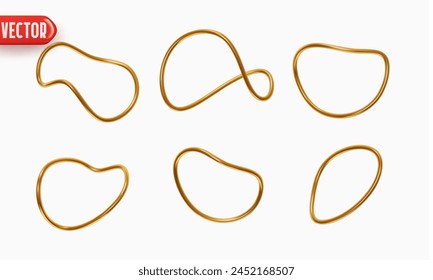 Conjunto de Anillos de oro de curvas circulares de Formas geométricas de forma curva. Anillos de metal doblados y retorcidos deformados. Elemento de decoración 3D realista para diseños. Ilustración vectorial
