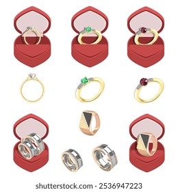 A set of gold rings with diamonds and precious stones on a white background.Vector jewelry collection for wedding designs,Valentine's day.
