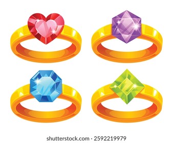Set of gold rings with different shaped gemstones, including heart, diamond, and square. Vector cartoon illustration