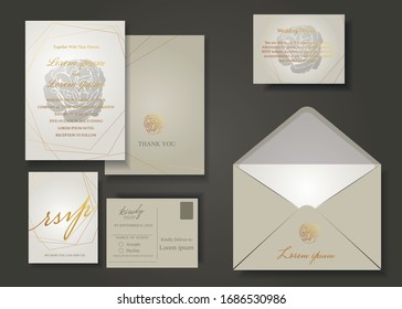 Set of Gold Rose with Beige Background wedding invitation card.Gold and beige color tone.Vector/Illustration