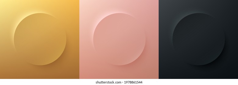 Juego de oro  oro rosa  diseño de marco negro  Resumen del entorno de círculo 3D para productos cosméticos  Colección de fondo geométrico de lujo con espacio de copia  Vista superior  Vector EPS10