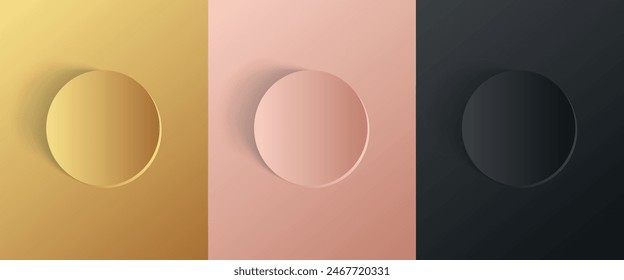 Set of gold, rose gold, black frame design. Collection of 3D circular podium round lines in top view. Abstract vibrant gradient color design set. EPS 10 vector illustration