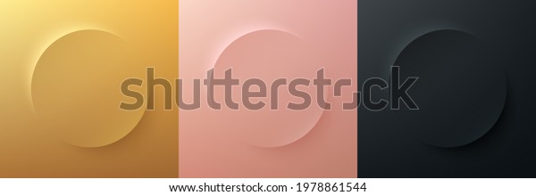 Set of gold, rose
gold, black frame design. Abstract 3D circle backdrop for cosmetic
product. Collection of luxury geometric background with copy space.
Top view. EPS10 vector