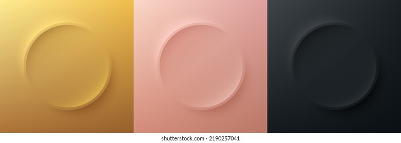 Set gold  rose gold  black round frame in neumorphism style  Abstract 3D circle backdrop scene for cosmetic product  Collection luxury geometric soft background and copy space  Top view podium 