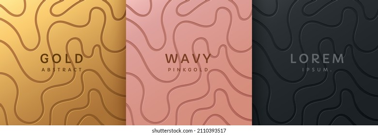 Set of gold, rose gold and black wavy lines abstract design. Collection of luxury wavy pattern background with copy space. Design for cover template, poster, banner, print ad. Vector illustration