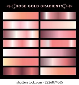 Set of gold rose foil texture. Collection of pink metallic textures isolated on black background. Vector illustration