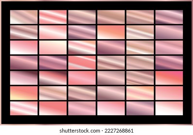 Set of gold rose foil texture. Collection of pink metallic textures isolated on black background. Vector illustration