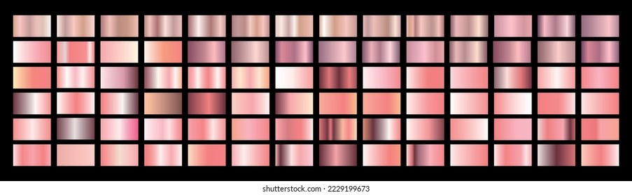 Set of gold rose foil texture. Collection of pink metallic textures isolated on black background. Vector illustration