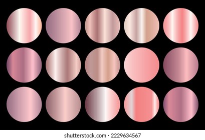 Set of gold rose foil texture. Collection of pink metallic textures isolated on black background. Vector illustration