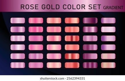 Set of gold rose foil texture. Collection of pink postal gradients isolated on black background. Vector illustration