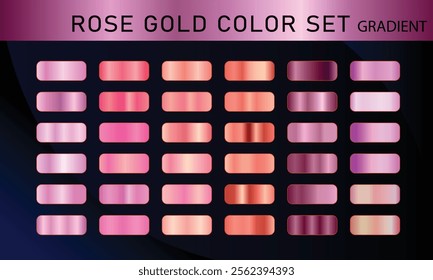 Set of gold rose foil texture. Collection of pink postal gradients isolated on black background. Vector illustration