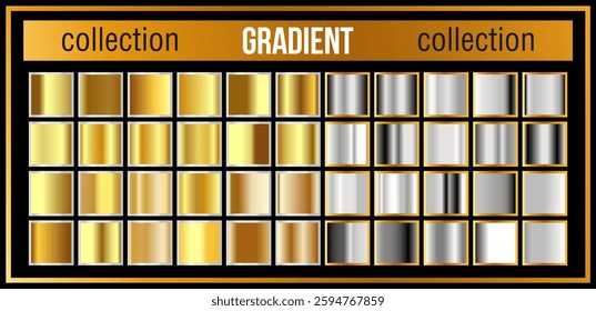Set of Gold rose, silver texture gradation background set. Vector shiny and metalic gradient collection for border, frame, ribbon, label design