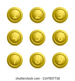 Set of gold round buttons with numbers from 1 to 9 with shadows. Golden buttons isolated on white. Numbered badges vector icons. 3d keys for websites and mobile applications. Easy to edit template.