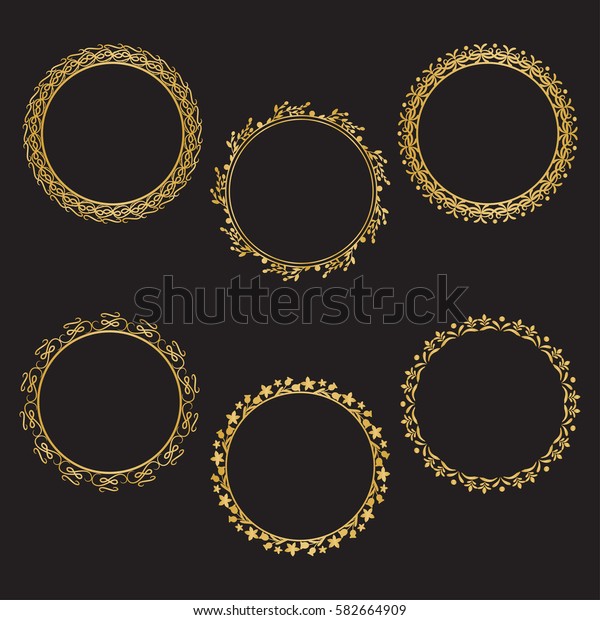 Set of gold round frame with floral\
elements and swirls. Greeting card with place for text, gold menu\
and invitation border. Vector\
illustration.