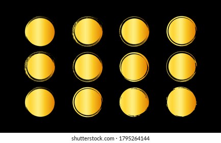 set of gold round frame, golden circle hand drawn concept, circle shaped grunge brush strokes.