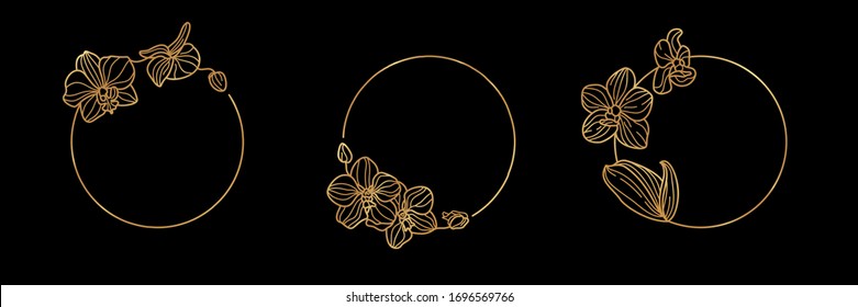 Set Of Gold Round Frame Template Orchid Flower And Monogram Concept In Minimal Linear Style. Vector Floral Logo With Copy Space For Letter Or Text. Emblem For Cosmetics, Medicines, Fashion, Beauty