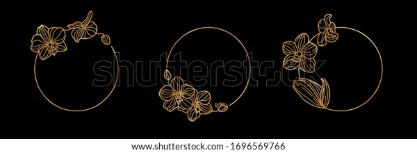 Set of Gold round frame template Orchid Flower and\
monogram concept in minimal linear style. Vector floral logo with\
copy space for letter or text. Emblem for Cosmetics, Medicines,\
Fashion, Beauty