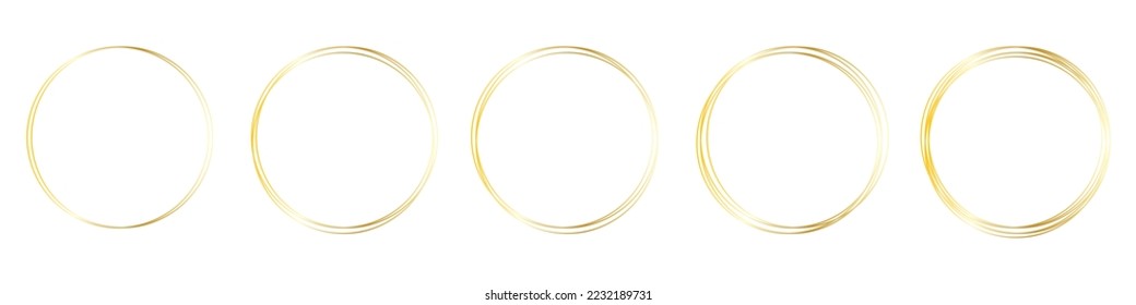 set of gold round frames on a white background. Collection of hand drawn doodle golden circle