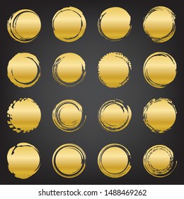 Set of gold round ink dynamic stains. Vector illustration.