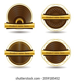 Set of gold round labels with brown background, intersecting golden rings and horizontal copy space in the centre. Vector.
