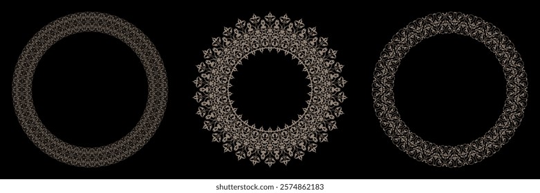 Set of gold round lace frames. Elegant element for design in Eastern style, place for text. Gold round Lace for invitations and greeting cards, embroidery, porcelain. Gold round frame with arabesques
