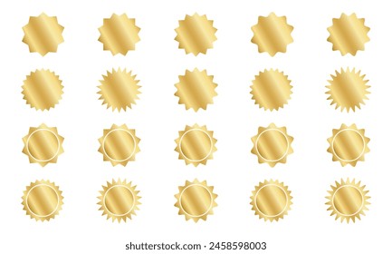 Set of gold round stickers with wavy borders. Shining golden curvy labels, quality badges, price tags, stamps, sale offer shapes isolated on white background. Vector realistic illustration.