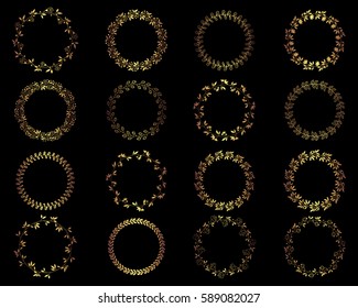 Set of gold round wreaths, floral border decoration for invitations, cards