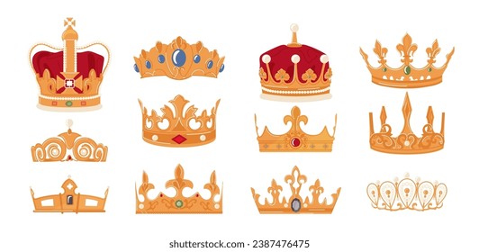 Set of gold royal crowns for king and queen, prince and princes monarchy crowning headdress